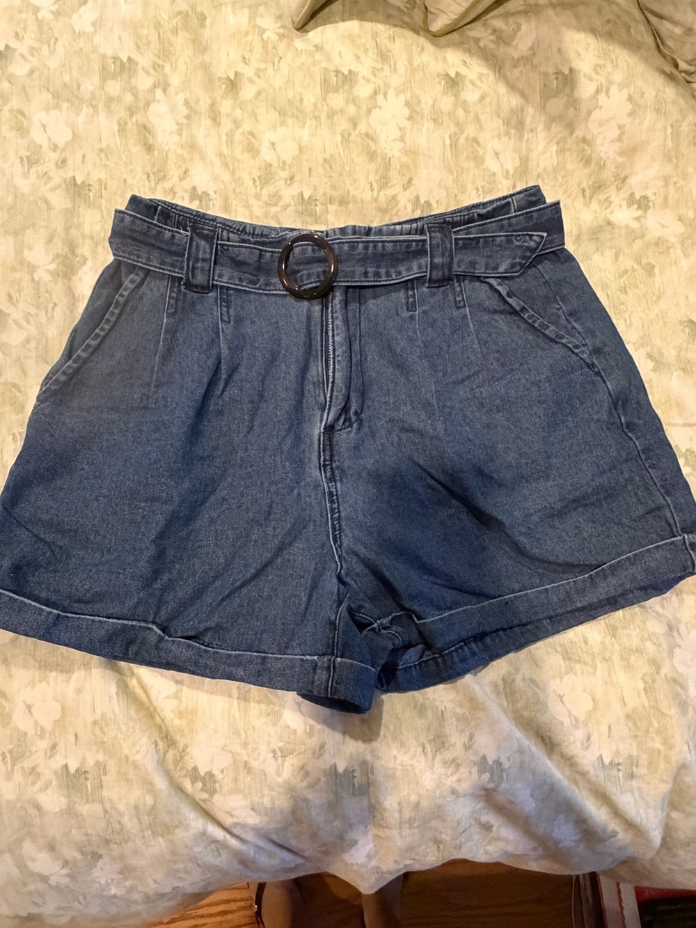 Avec Les Filles Denim Pleated, Rolled Hem Shorts with Belt